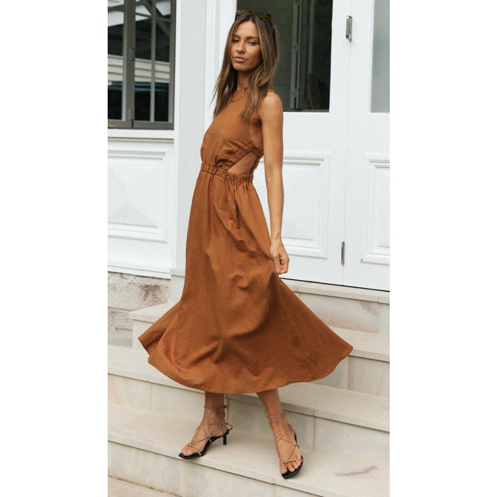Abito midi da donna a maniche corte con collo alto, tinta unita, linea ad A, casual, senza schiena, lungo