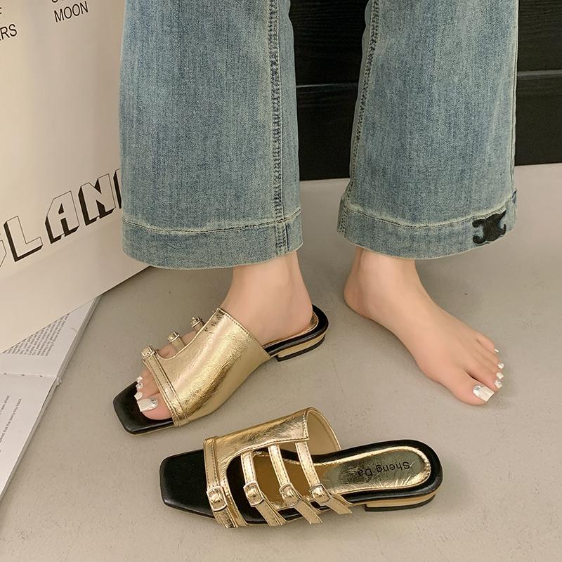 Fashion 2025 New Vintage Square Toe Flat Fashion Slippers Women's Summer New Open Toe Belt Buckle One Strap Soft Sole Sandals