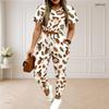 Women Plus Size White Printed Round Neck Short Sleeve Crop Top Drawstring Cuffed Pants Two Piece Set