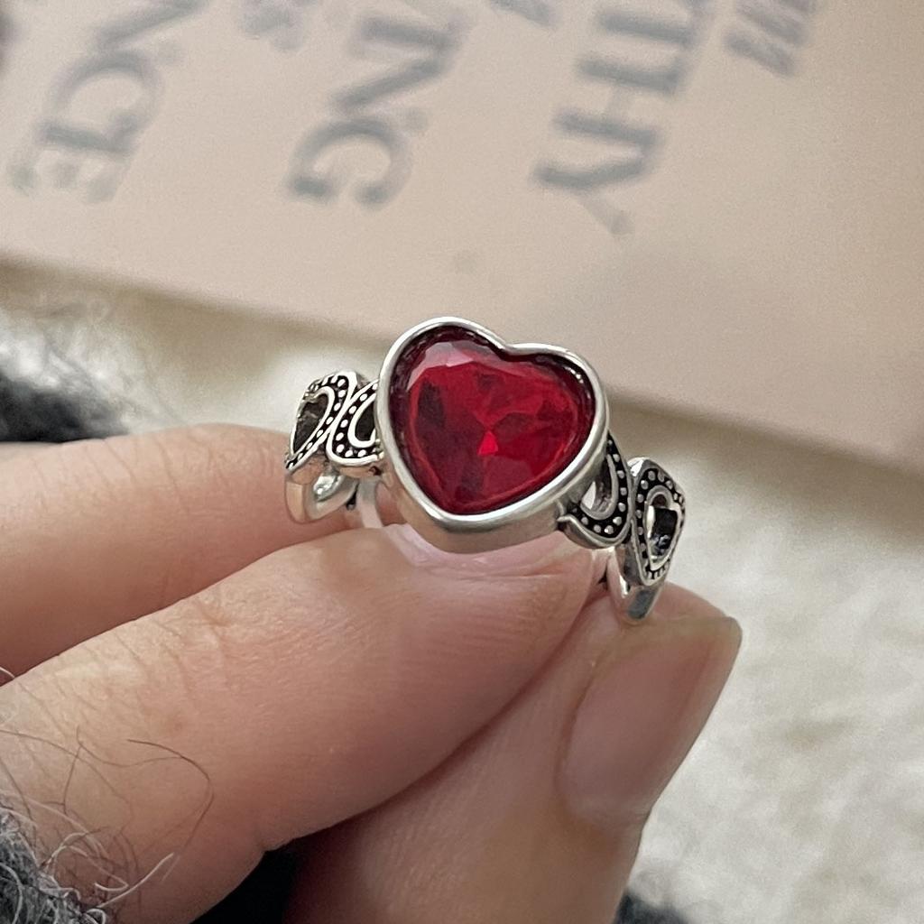 925 Sterling Silver Rings For Women Geometric Fine Jewelry Finger Adjustable Red Heart Stone Ring For Party Birthday Gift