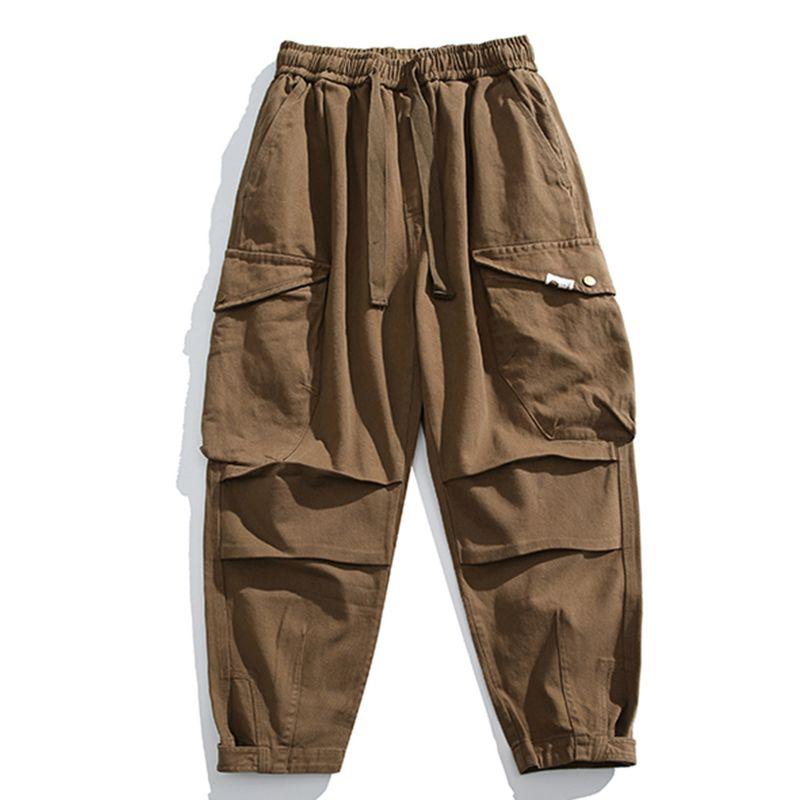 Autumn and Winter Thickened Twill Washed Pure Cotton Elastic Waist Casual Pants Men's Japanese Retro Distressed Multi-Pocket Cargo Pants