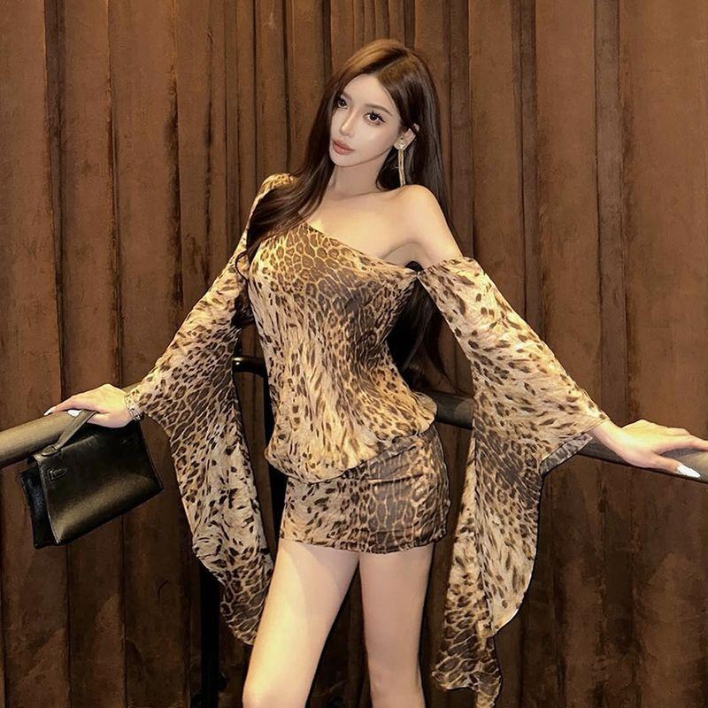 

Leopard Dress Fashion New Arrival Leopard Print Sexy Oblique Shoulder Single Shoulder Horn Long Sleeves Silm Sexy Dress Leopard print L