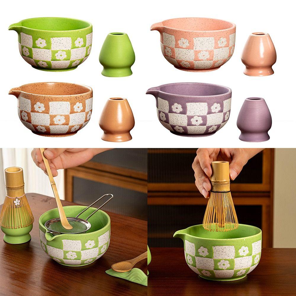 Checkered Sakura Pattern Matcha Whisk Stand Ceramic Green Tea Maker Cup for Tea Set Accessories