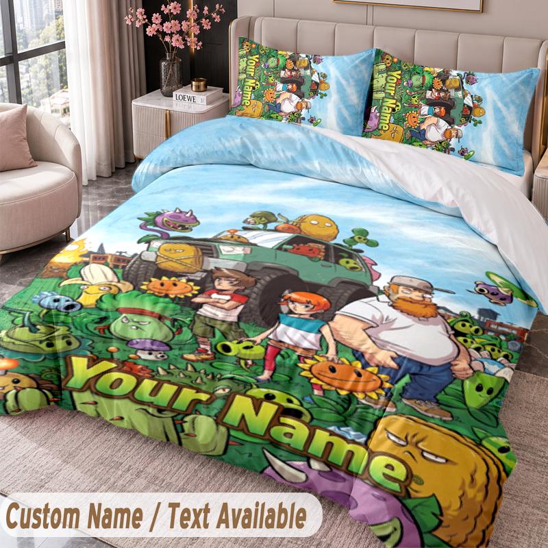 Custom Name Text 3Pcs Bedding Set Plants Vs. Zombies Duvet Cover And Two Pillowcases