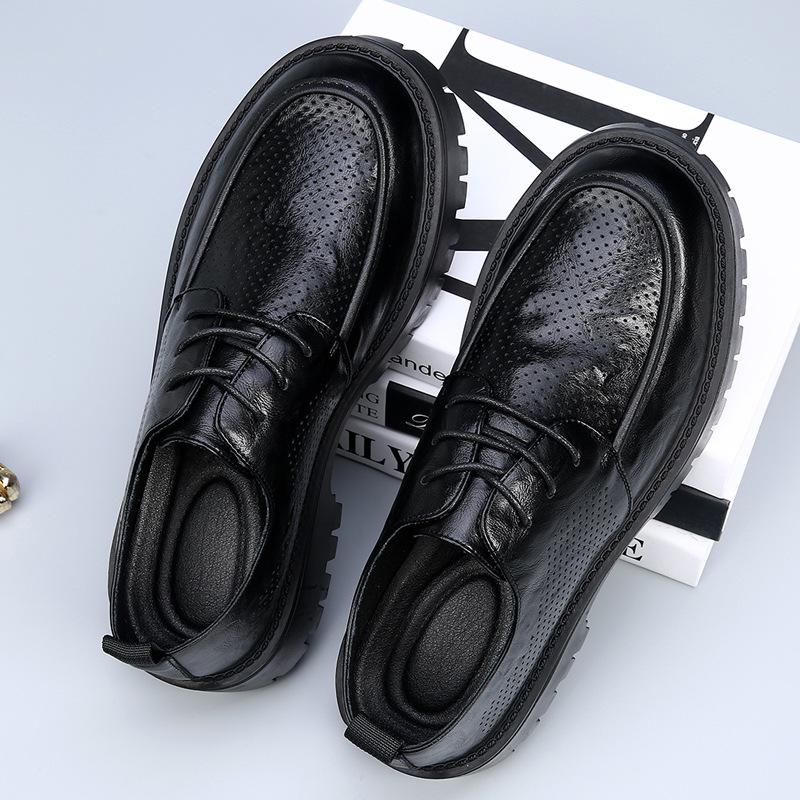 Large size men's shoes spring and summer new trend thick-soled breathable hollow casual shoes business men's big head leather shoes genuine leather