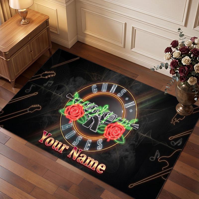 Guns N’ Roses Personalized Crystal Velvet Carpet, Customized Name Text Soft Anti‑Slip Rug for Living Room Bedroom