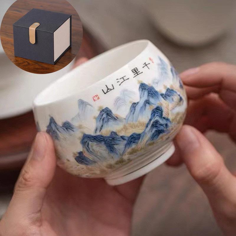 Taza de té Maestra de Jade de Sebo Taza Mil Millas Jiangshan Taza Individual de Kung Fu Jianzhan Taza Grande para Cata de Té Cuenco de Té Taza de Meditación
