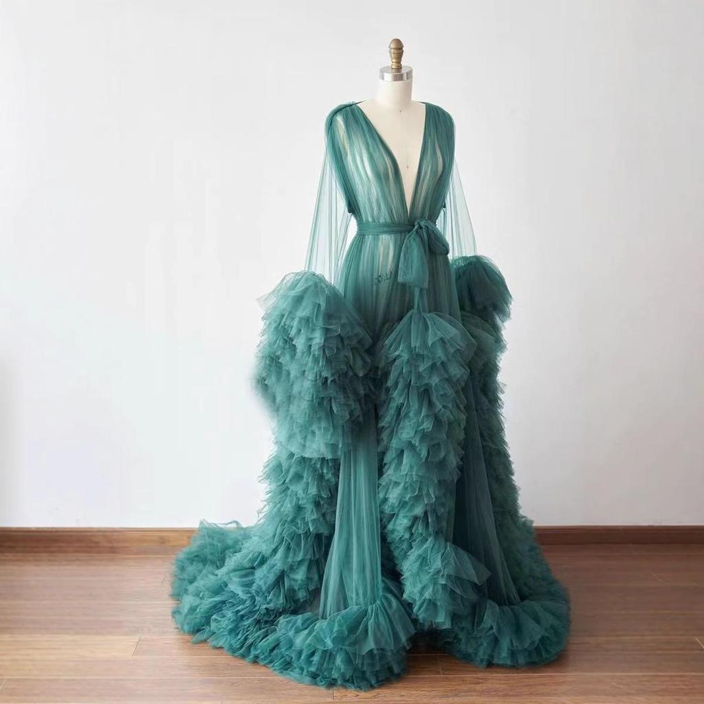 Cross-border Maternity Tulle Evening Gown with Ruffles and Shawl Cape