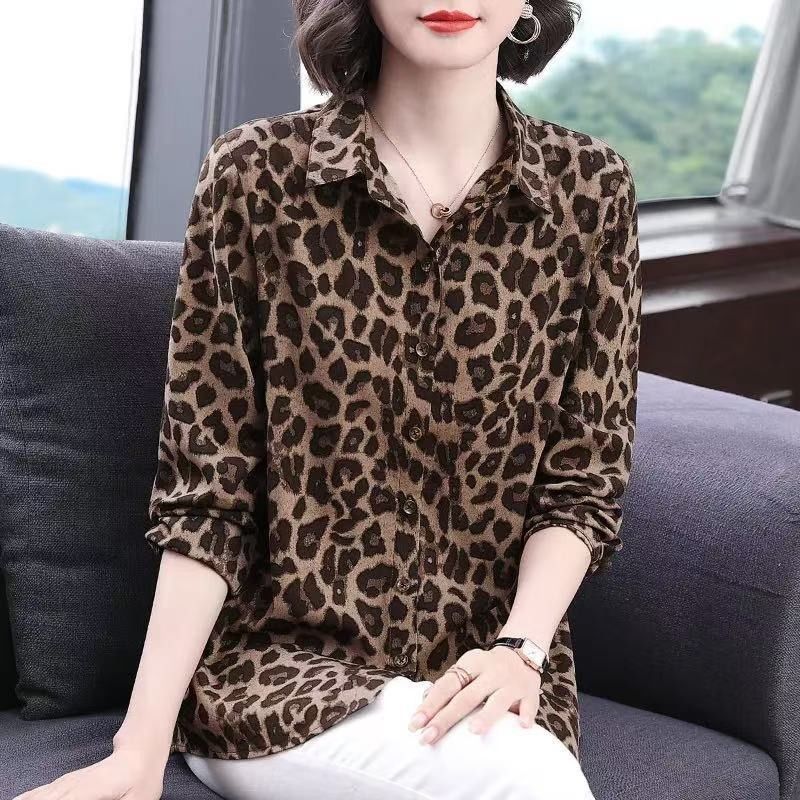 Chiffon Western Style Shirt Women's Large Size Printed Loose Top Slimming Shirt Fashion Leopard Print Small Shirt