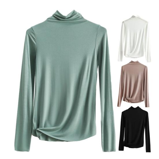 Women Bottoming Top Half-high Collar Long Sleeve Elastic Skinny Soft Warm Solid Color Pullover Simple Style Lady Inner Wear Blouse