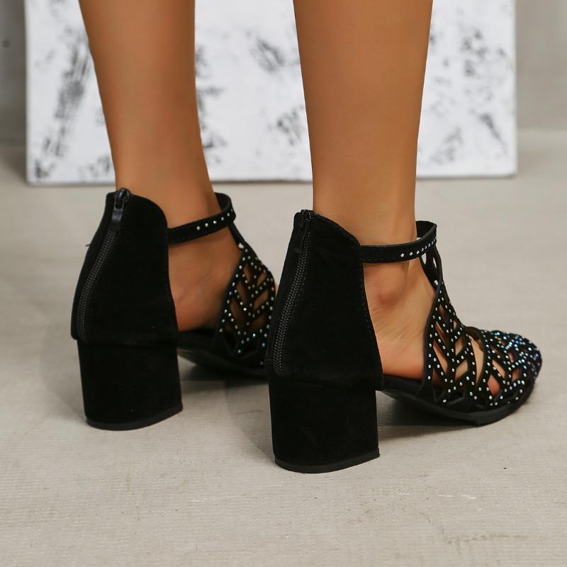 Hollow Out Thick Heel Sandály na vysokém podpatku Dámská zadní taška na zip na podpatku