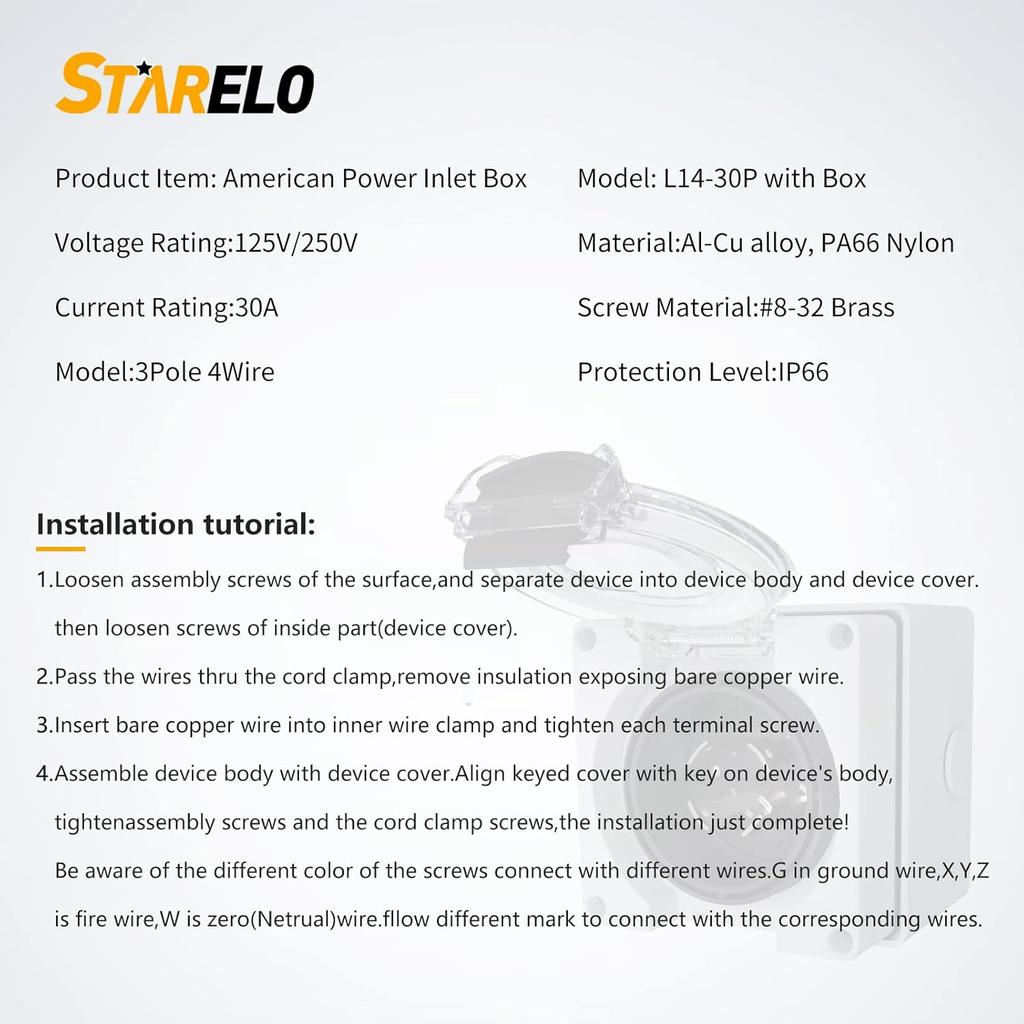 STARELO 30 Amp Generator Power Inlet Box NEMA L14-30P,125/250 Volt 7500W, Outdoor Dustproof and Weatherproof for Generators, Welding Machines,