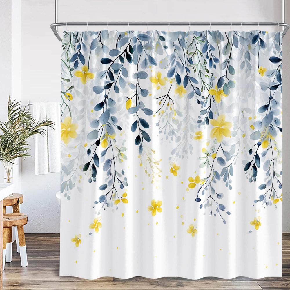 Floral Leaf Shower Curtain Green Leaves Colorful Flower Plant Nordic Bathroom Decor Modern Polyester Bath Curtain With Hook