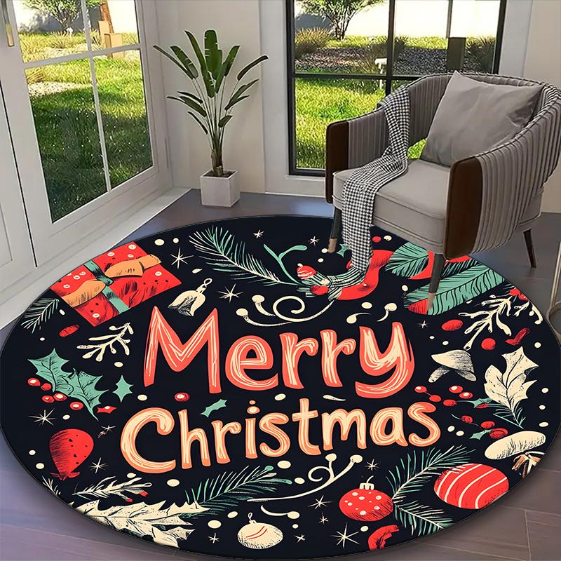 1pc General-purpose Rug, Christmas Elements Merry Christmas Printed Round Rug, Comfortable Office Chair Carpet, Home Entrance Floor Mat