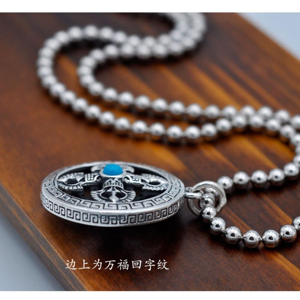 JMXD-Retro and Old Men's Necklace, Round Cross Vajra Pestle Pendant, Silver-plated No-gap Bead Design