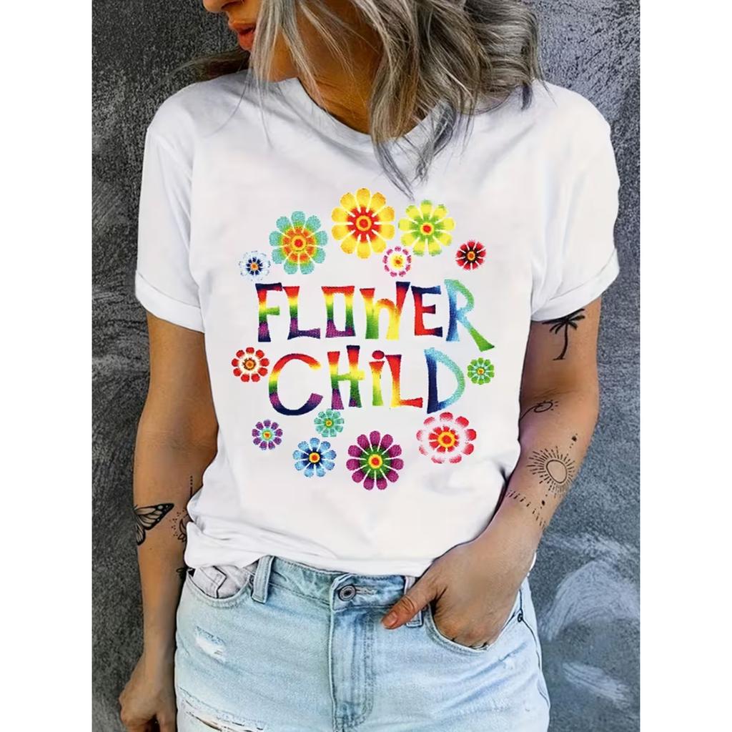 Hippy Graphic Print T-Shirt, Short Sleeve Crew Neck Casual Top for Summer and Spring, Women'S Clothing