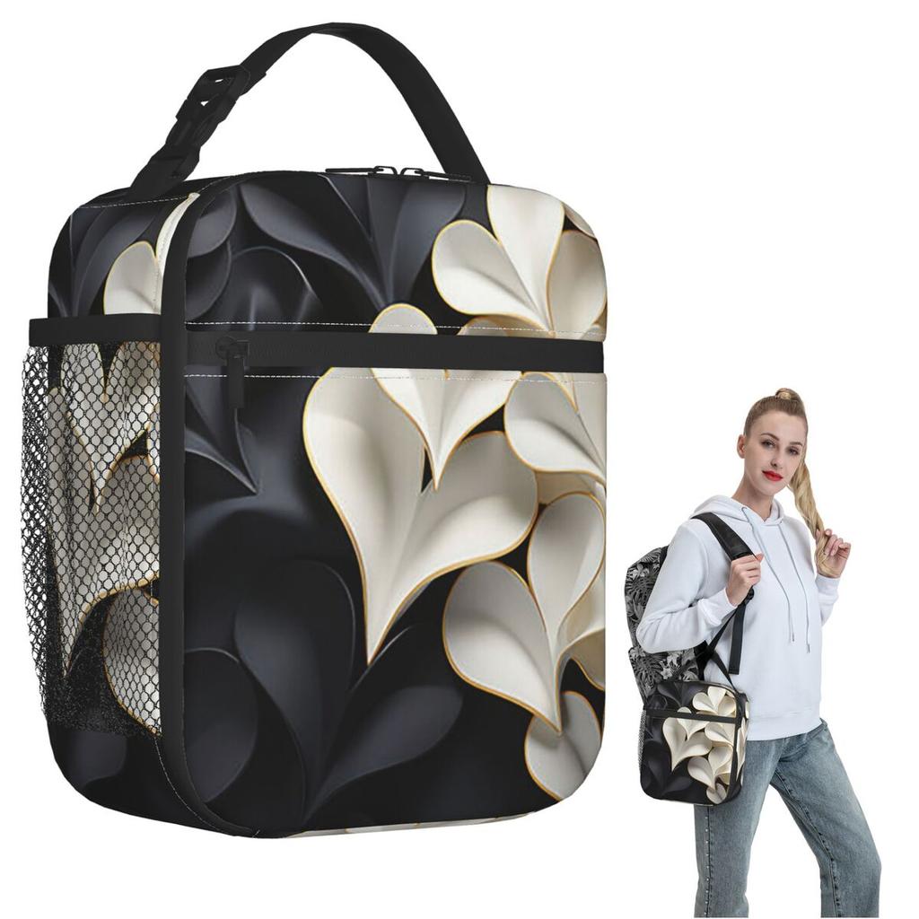 Black And White Flower Pattern Insulated Lunch Bag for Women Children Portable Food Boxes Thermal Lunch Box Tote