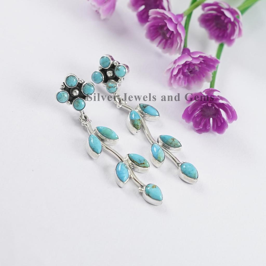 Natural Arizona Turquoise Stud Earrings, Long Hanging Earrings, 925 Sterling Silver Earrings, Gift for Wife, Multi Stone Earring