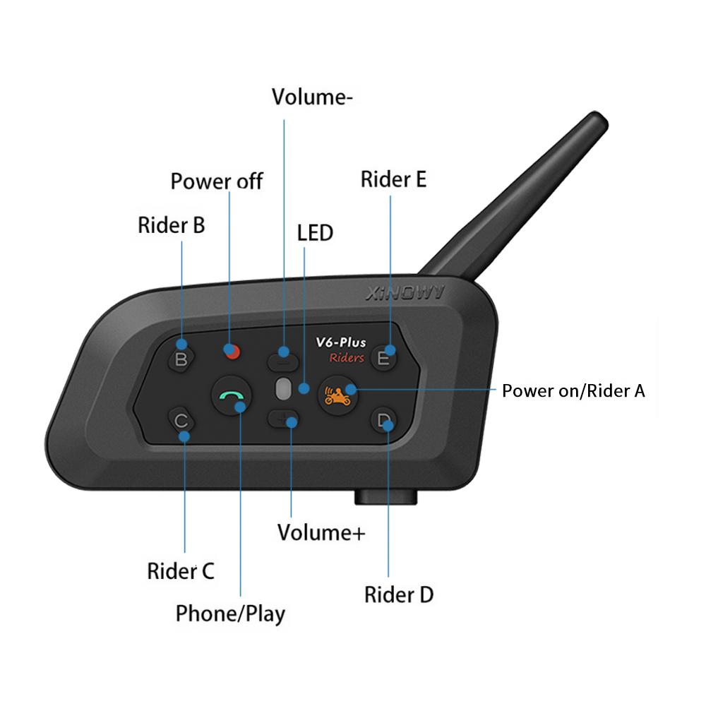 Cuffie per casco moto V6 Plus Interfono wireless Bluetooth5.0 Walkie-Talkie Musica vivavoce Comunicatore interfono 1500M per 6 ciclisti Doppio microfono