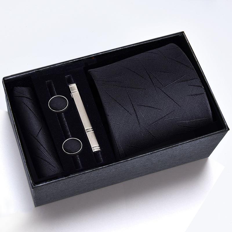 Gift Box Men'S Tie Square Scarf Cufflinks Tie Clip Five-Piece Set, Formal Business Blue Stripes