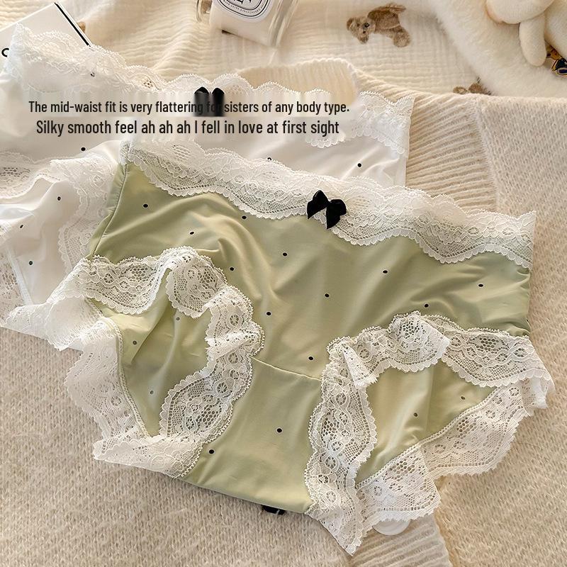 French Retro Polka Dot Lace Triangle Panties with Bowknot for Women