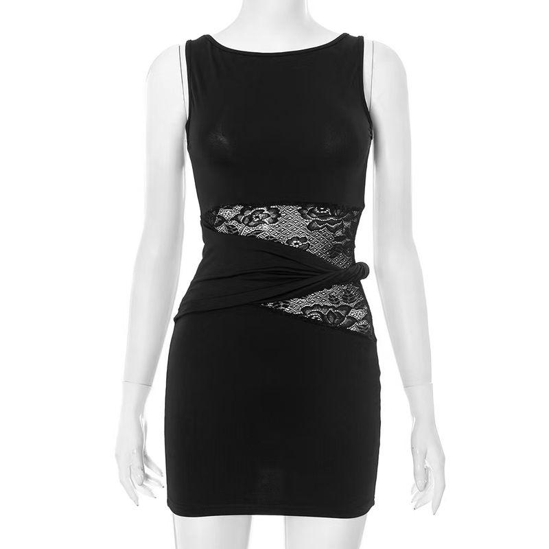 

Fashion Wind Fashion Sexy Lace Stitching Waist Twist Ring Dress Sexy Lace Hollow Dress Black S