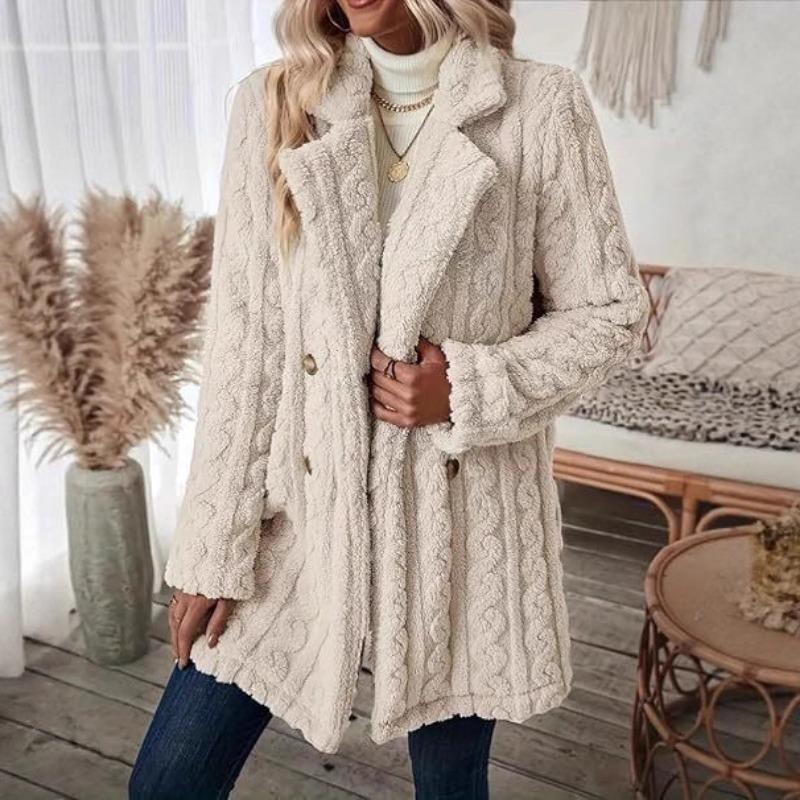 Women S Plush Double Breasted Mid Length Coat Notched Lapel Casual Warm Outerwear