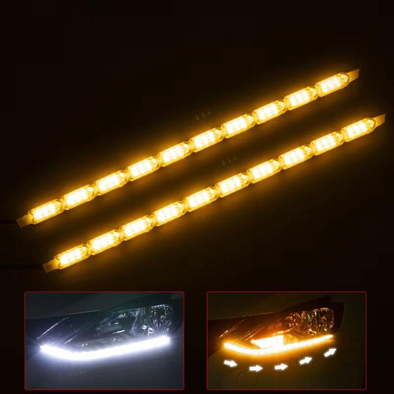 12V LED Daytime Running Light Strip Flexible Waterproof Headlight Turn Signal Yellow Lamp Car Decorative Driving Lights DRL 2Pcs Dome Lights 6