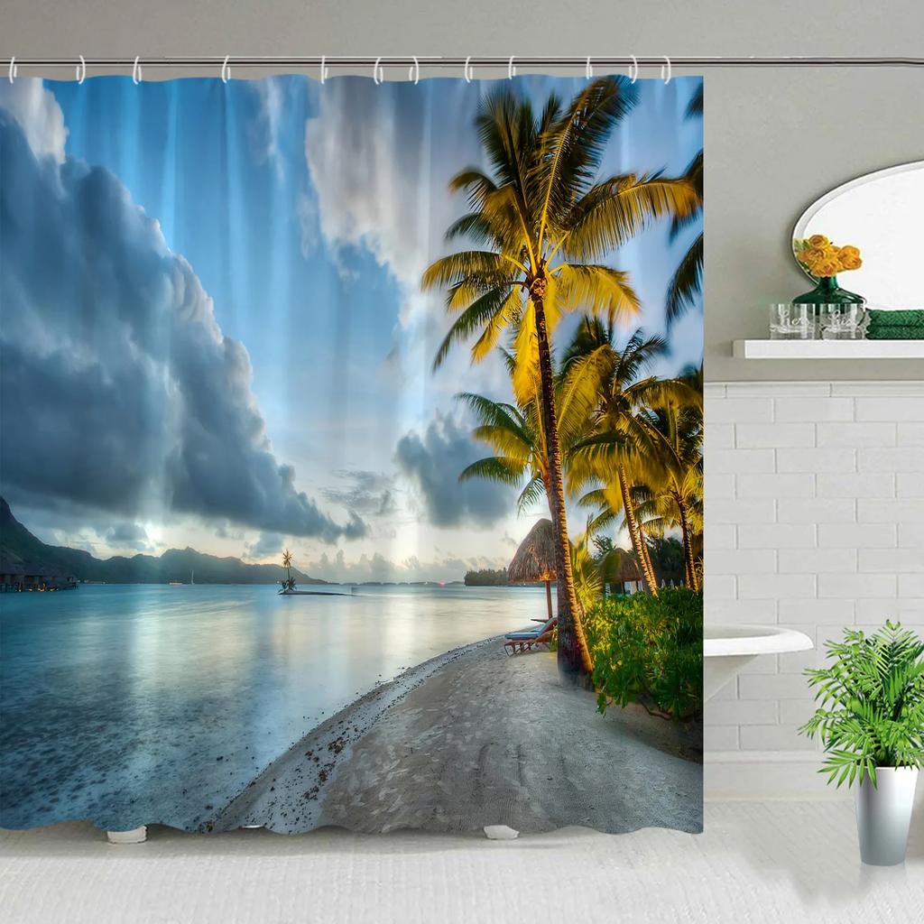 Hawaii Landscape Outdoor Shower Curtain Island Beach Coconut Tropical Ocean Natural Landscape Hanging Curtain Bathroom Decor Set