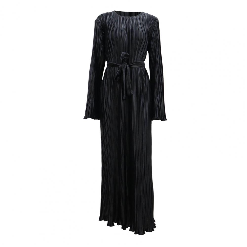 Autumn Spring Women Dress Bell Sleeves Round Neck Striped Pleated Solid Color Slim Fit Lace-up Strap Shirring Edge Prom Party Ma