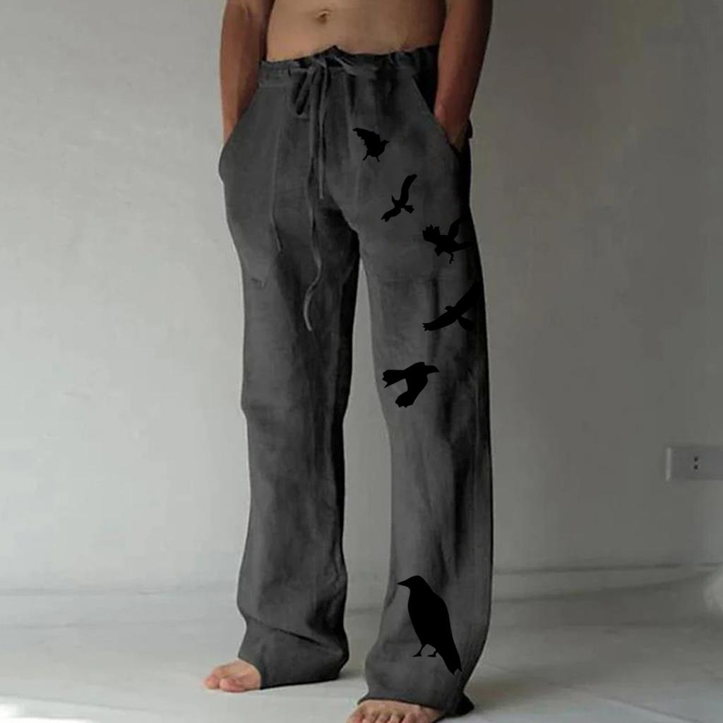 Men's Loose Casual Color Cotton Linen Trousers Elastic Tie Printed Straight Pants