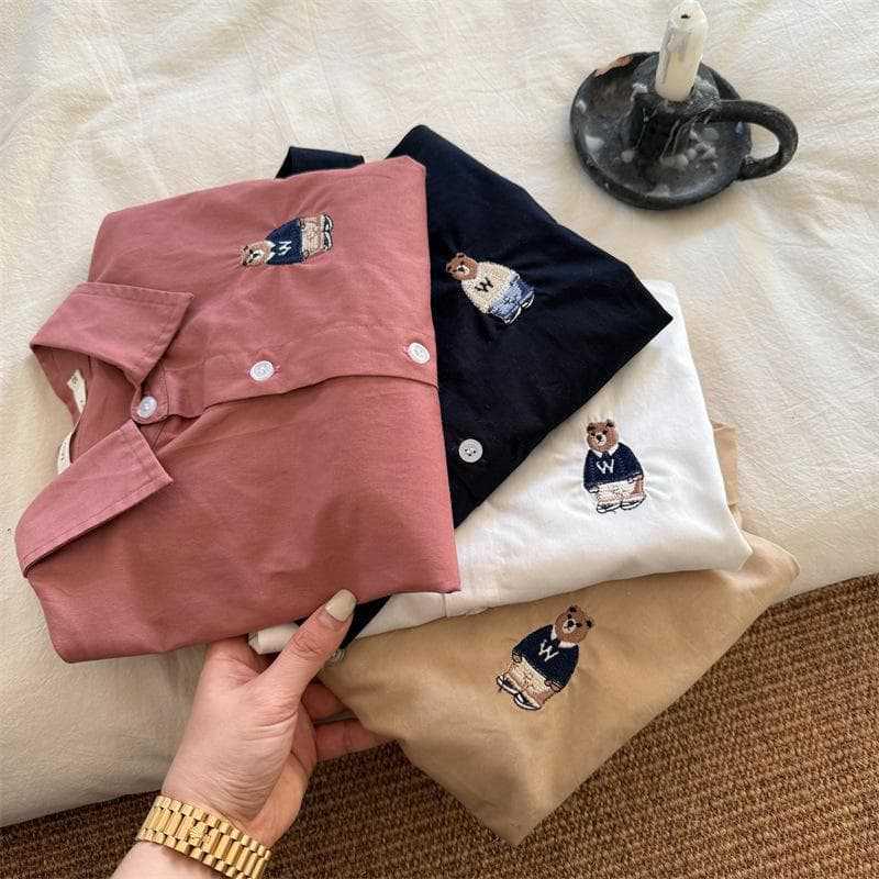 In Stock! 2025 Spring Boys' Cartoon Bear Solid Color Long Sleeve Shirt