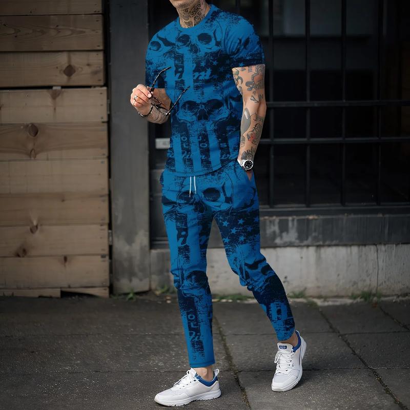 New Summer men's sportswear pants 2-piece set 3D skull printed short sleeved T-shirt+pants Street fashion holiday men's clothing
