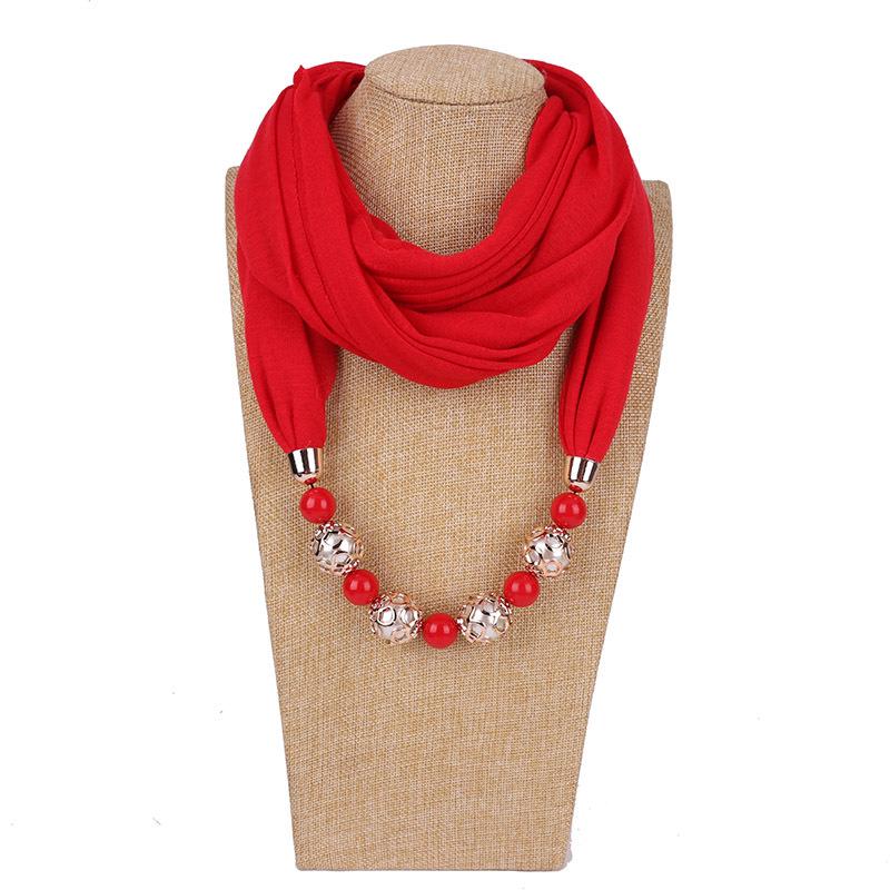 Chic Chiffon Infinity Scarf with Beaded Necklace – Women’s Vibrant Solid Color Fashion Accessory