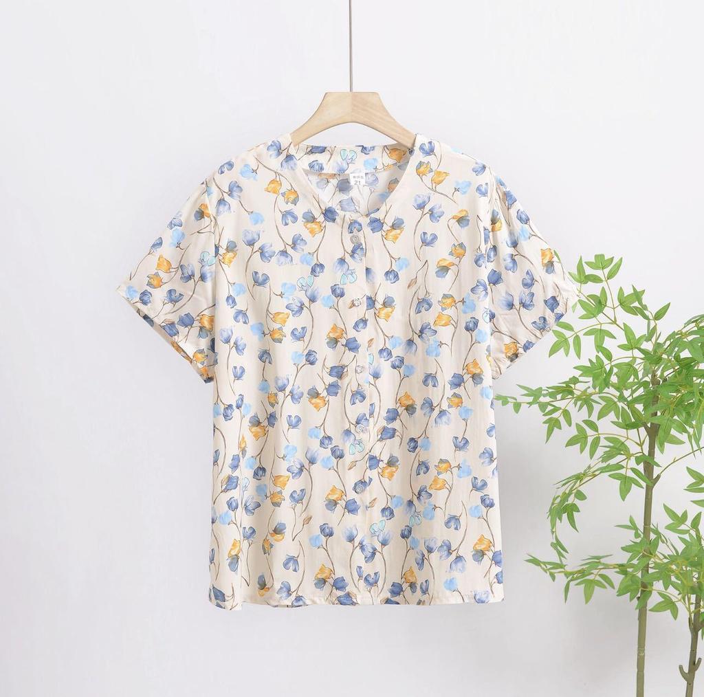 2025 Summer Floral Print V-Neck Button Short Sleeve Loose T-Shirt