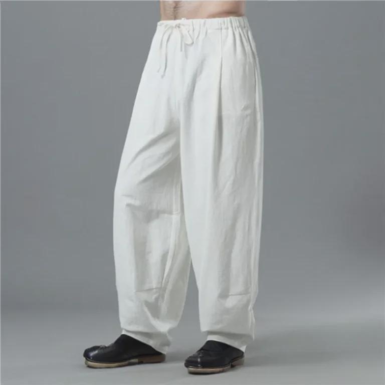 Men's Summer Loose-Fit Cotton Linen Wide-Leg Elastic Waist Sports Pants
