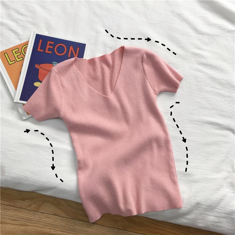 Sommer Slim Dünnes V-Ausschnitt Unterhemd Retro Kurzarm T-Shirt Hundert Gestrickte Pullover Tops Damen Linie Kleidung Lässige Slim Fit Pullover T-Shirts