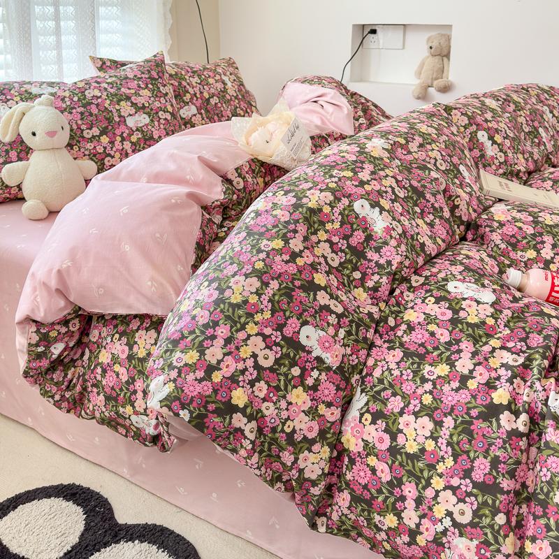 Set de lenjerie de pat de lux cu imprimeu floral, 3 piese, 100% bumbac, set husă de pilotă cu 2 fețe de pernă - Rezistent la șifonare, Respirabil pentru toate anotimpurile