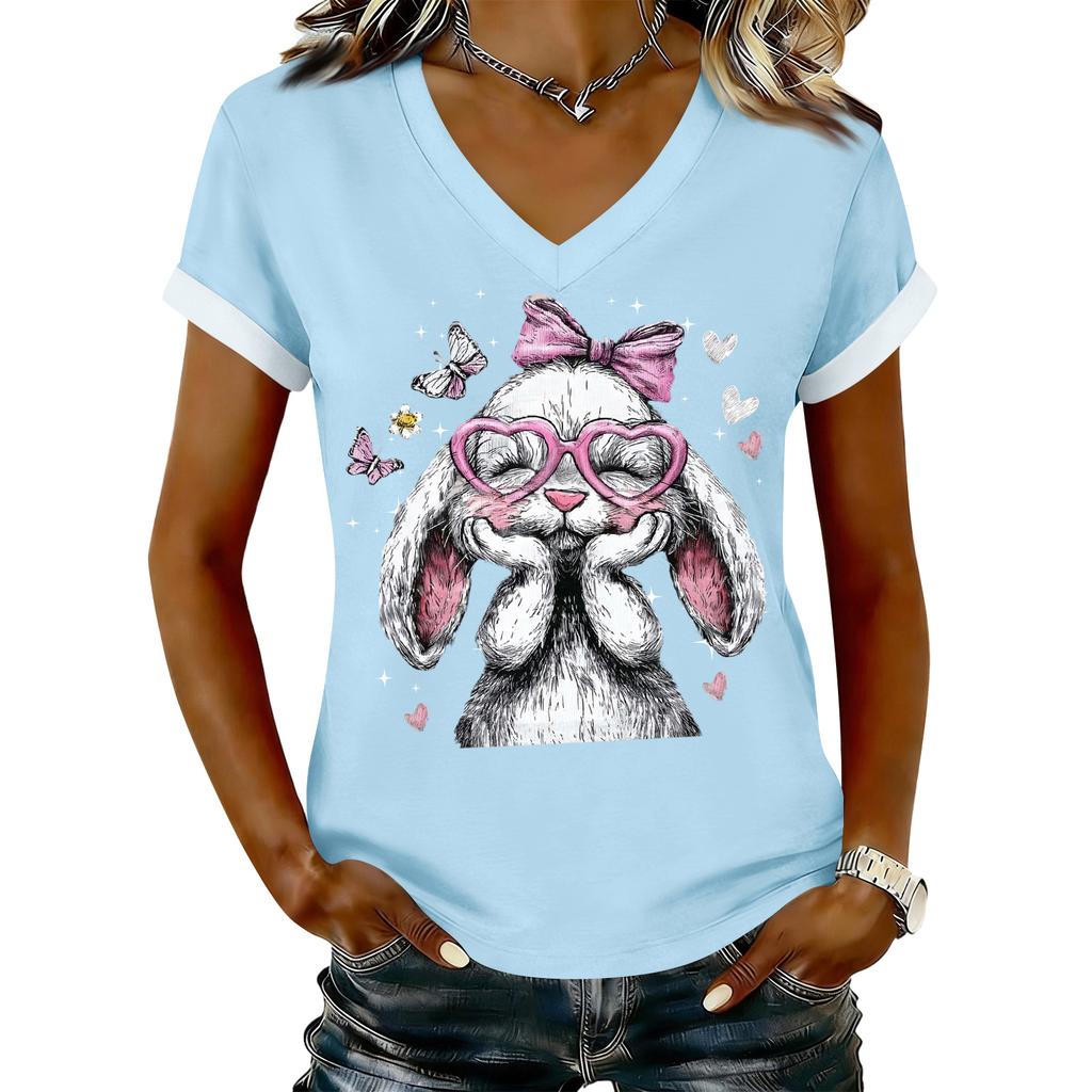 Women's Casual Printed T-Shirt V Neck Pullover Short Sleeve Top