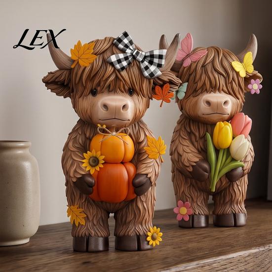 Desktop Decoration for Home 4 Pcs Seasonal Highland Cow Figurines, Spring Summer Fall Winter Gift Besties Colleagues Seasons Scottish Statue,