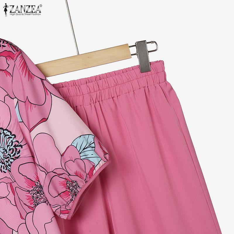 ZANZEA Damen Halbsleeve Blumenprint Bluse und Lange Hose Lässige Zweiteilige Sets