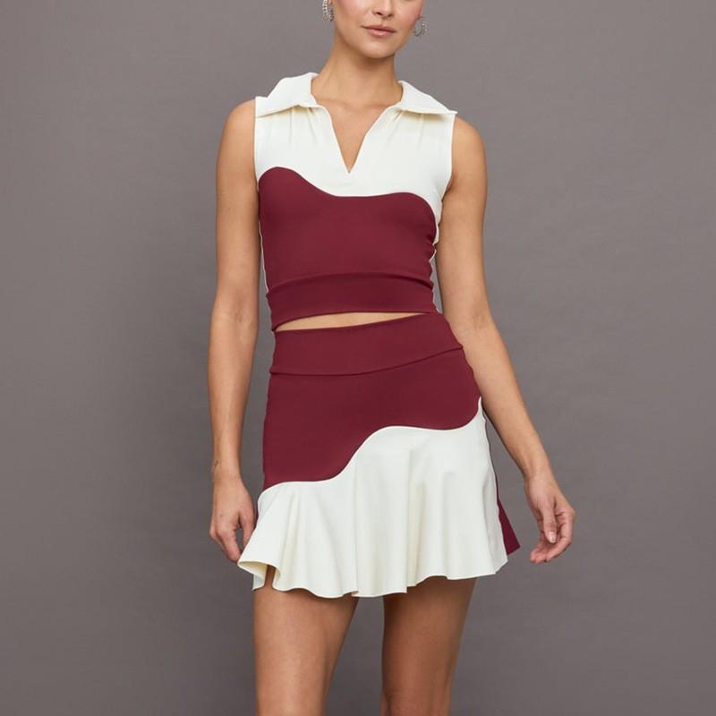 Womens 2-piece Yoga Set Sleeveless Color Block Top Skirt Golf Tennis Workout