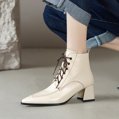 Mode NEU Herbst Damenstiefel Echtes Leder Schuhe für Damen Spitzschuh Klobiger Absatz Schuh Schnürstiefeletten Elegant Reißverschluss Moderne Stiefel
