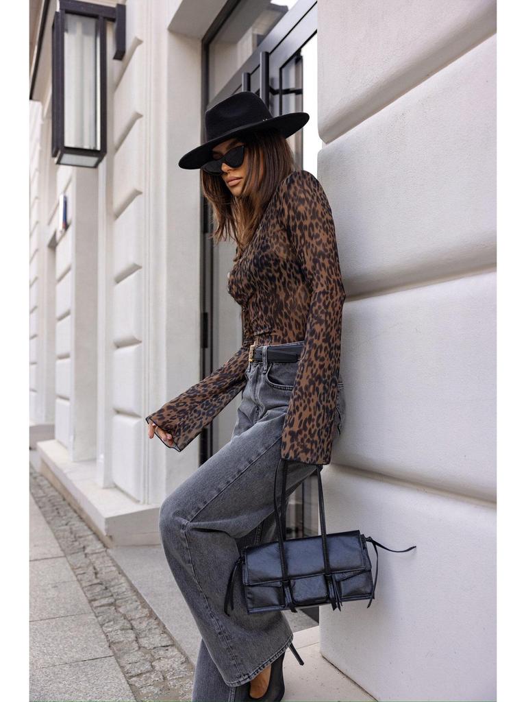 V-Neck Leopard Print Mesh Flare Sleeve Retro Slimming Long Sleeve Top