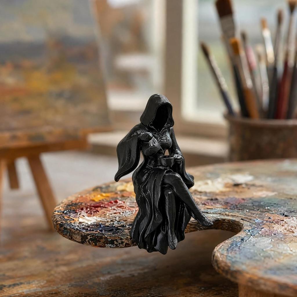 Gothic Hooded Reaper Lady Figurine, 3D Printed Dark Fantasy Shelf Sitter, Mysterious Black Robed Women Pouring Tea Sculpture, 3.82" Tall