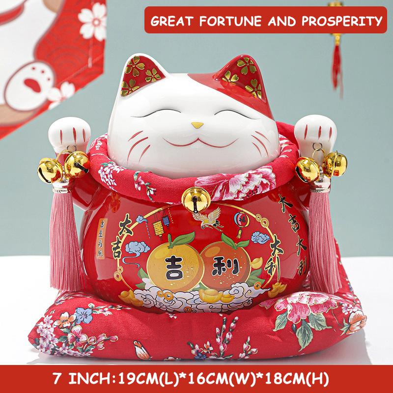7 inch Ceramic Lucky Cat Statue Maneki Neko Porcelain Fortune Cats Figure Money Bank Feng Shui Decor Ornament Home Centerpiece