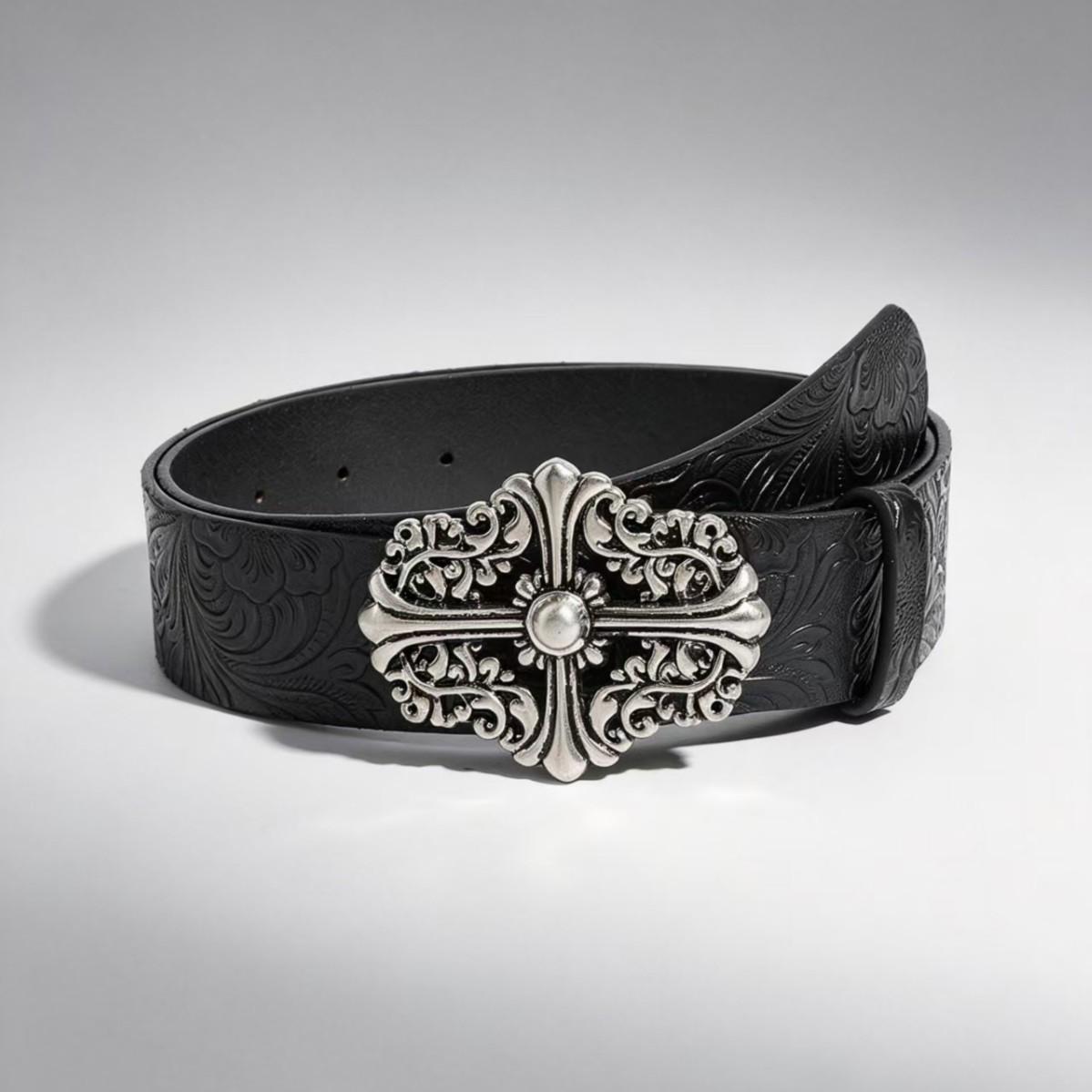 Böhmischer geprägter floraler Herren-Ledergürtel mit kreuzförmigem Hohl-Legierungsdesign Belt Width 3.8cm, Length 102cm white