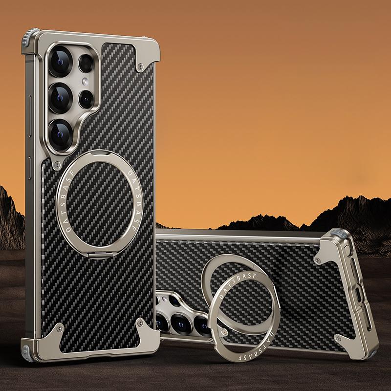 For Samsung Galaxy S25 Ultra Phone Cover Frameless Shockproof Carbon Fiber Aluminum Alloy Wireless Charge Magnetic Bracket Back Case