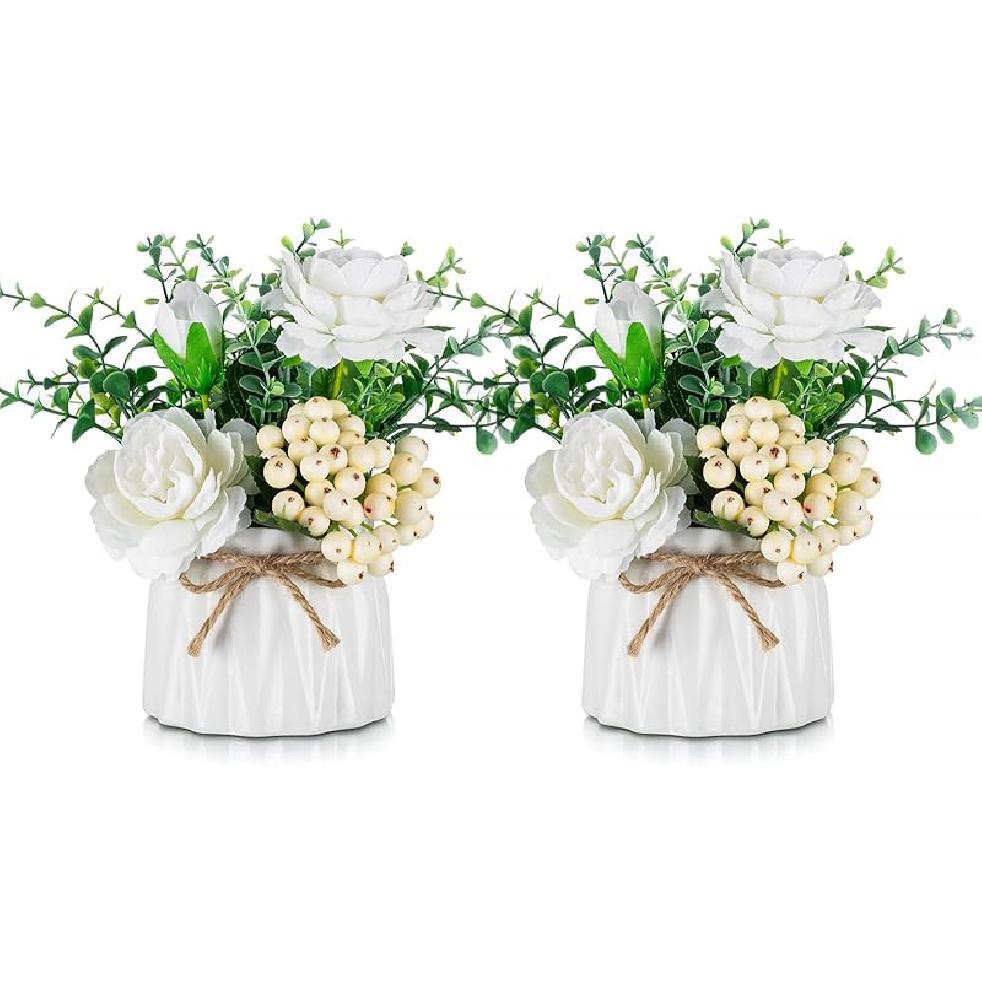 BLOSMON Small Artificial Flowers in Vase 4 Pcs Fake Flowers Centerpieces for Dinning Table Floral Arrangements with Vases Bathroom Accessories Office