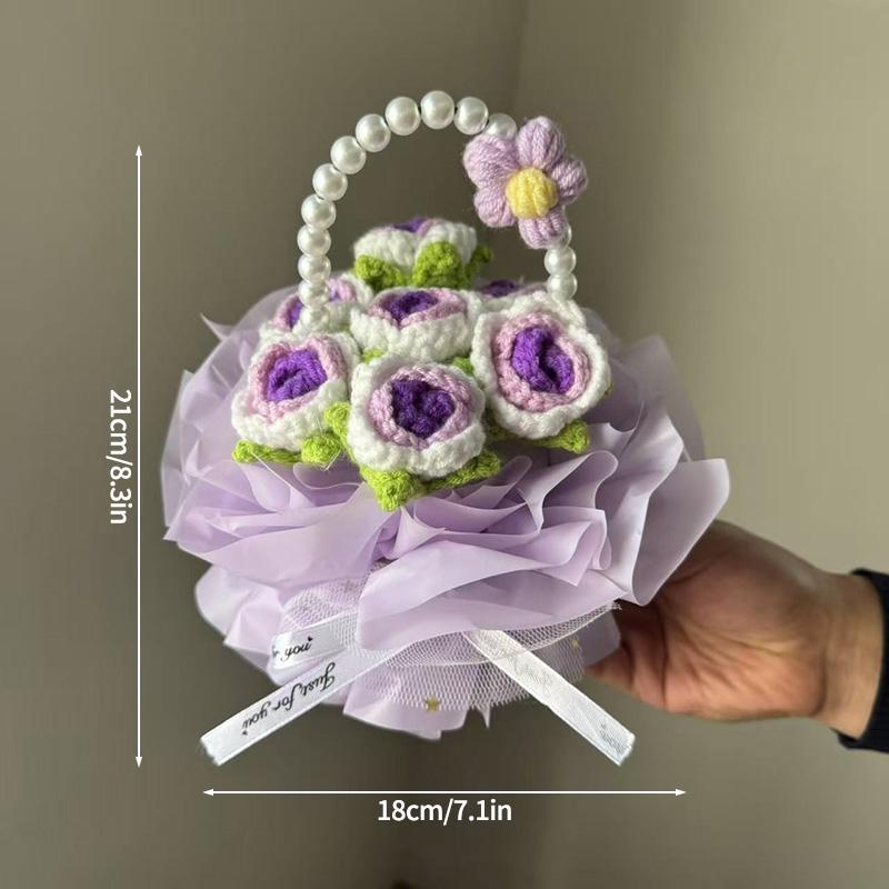 Crochet Rose Bouquet Handmade Knitted Sunflower Basketed For Graduation Mothers Day Birthday Wedding Gift Home Office Desk Decor